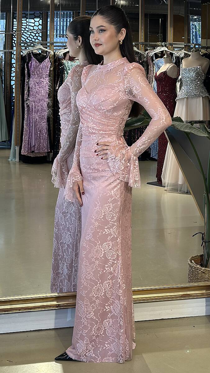 Açık Pembe Uzun Kollu Düz Kesim Likralı Dantel Uzun Abiye Elbise 11203-04 - 2