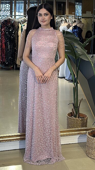 Açık Rose Halter Yaka Boncuk İşlemeli Düz Kesim Pullu Boncuklu Uzun Abiye Elbise 19-11154 - abiyeniall