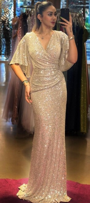Beige Short Sleeve Straight Cut Sequin Long Evening Dress 7572 - abiyeniall