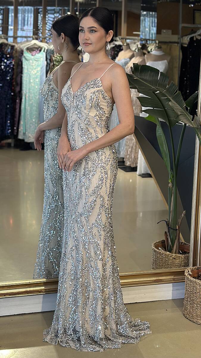Bej V Yaka İp Askılı Sırt Dekolteli Balık Etekli Pul Payet Uzun Abiye Elbise 34-11112 - 2