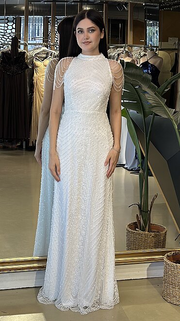 Beyaz Halter Yaka Boncuk İşlemeli Düz Kesim Pullu Boncuklu Uzun Abiye Elbise 27-11154 - abiyeniall