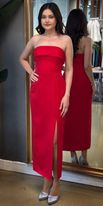 Rotes Trägerloses Midikleid Aus Krepp Mit Schlitz Und Geradem Schnitt – Abendkleid 7692 