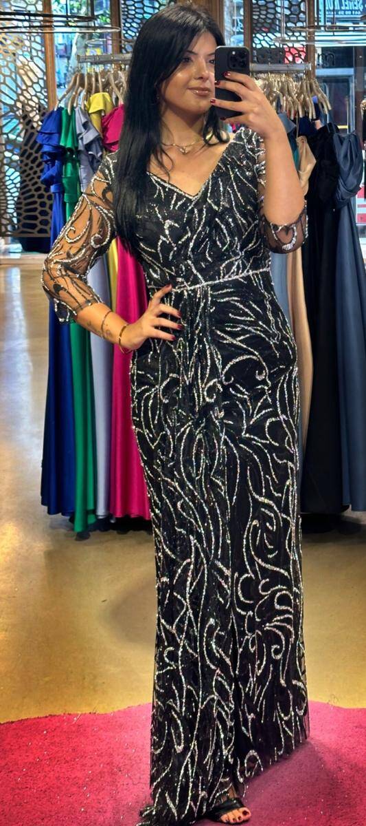 Black Silver Long Sleeve Slit Straight Cut Glitter Long Evening Dress 7582 - 1