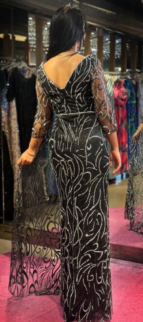 Black Silver Long Sleeve Slit Straight Cut Glitter Long Evening Dress 7582 - 5