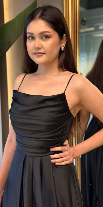 Black Spaghetti Strap Slit Flared Skirt Satin Long Evening Dress 7234 - 2