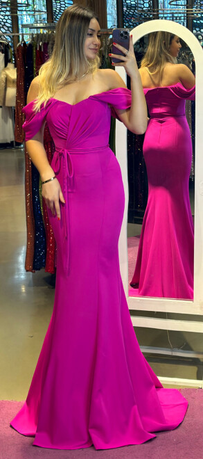 Fuchsia Low Sleeve Mermaid Skirt Crepe Long Evening Dress 7418 - abiyeniall