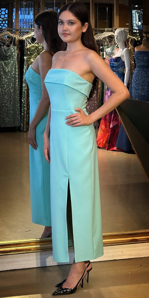 Mint Strapless Neckline Slit Straight Cut Crepe Midi Evening Dress 7692 - 2