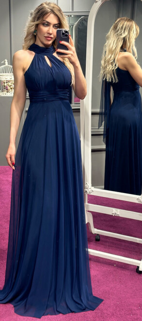 Navy Blue Low-Cut Back Flared Skirt Tulle Long Evening Dress 6034 
