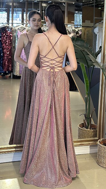 Pink Spaghetti Strap Low-Cut Back Flared Skirt Glitter Long Evening Dress 7601 - 5