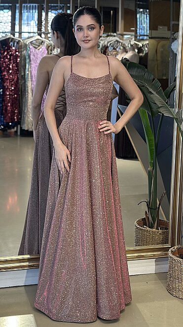 Pink Spaghetti Strap Low-Cut Back Flared Skirt Glitter Long Evening Dress 7601 - 1