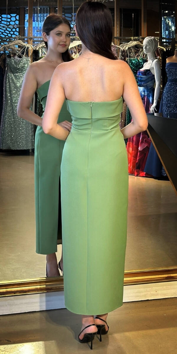Pistachio Green Strapless Slit Straight Cut Crepe Midi Evening Dress 7692 - 5