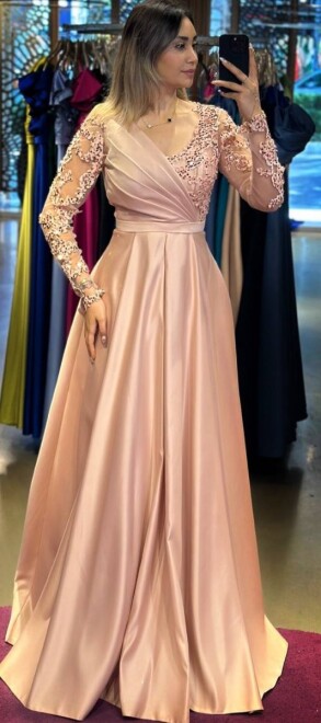 Powder Long Sleeve Lace Detailed Flared Skirt Satin Long Evening Dress 7510 - abiyeniall