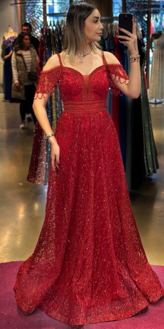 Red Low Sleeve Beaded Flared Skirt Glitter Long Evening Dress 7525 - abiyeniall