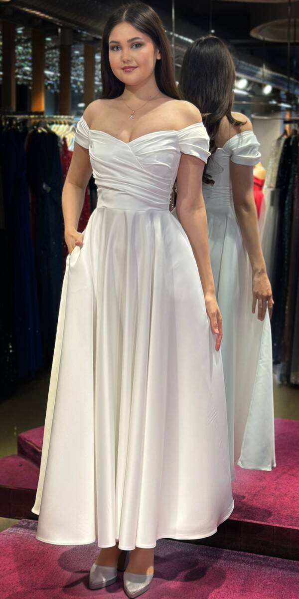 White Flared Skirt Satin Midi Evening Dress 7672 - 1
