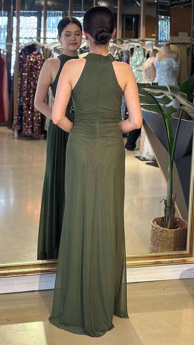 Olive Halter Yaka Yırtmaçlı Düz Kesim Likralı Şifon Tül Uzun Abiye Elbise 07-11320 - 5
