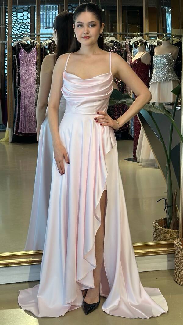 Pembe Degaje Yaka İp Askılı Sırt Dekolteli Yırtmaçlı Saten Uzun Abiye Elbise 11276-06 - 1