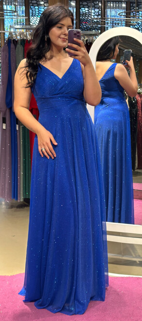 Saks Kalın Askı Kloş Etekli Simli Kumaş Uzun Abiye Elbise 7117 